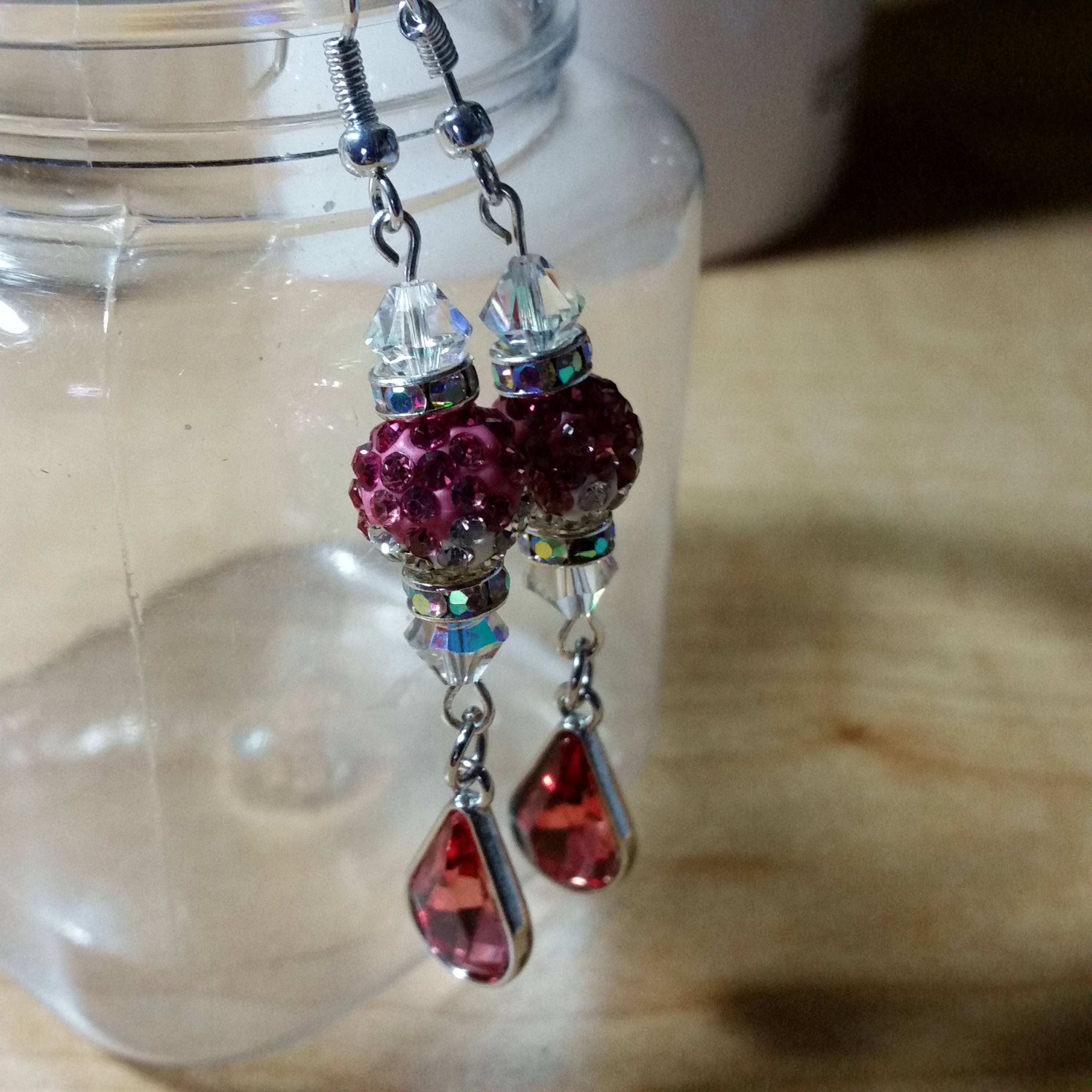 Pink Crystal Teardrop Earrings -Pink Crystal Dangle Earrings -Christmas Gift -Birthday Gift-Earring Gift-Made in USA-long Statement Earrings - Thumbnail 7