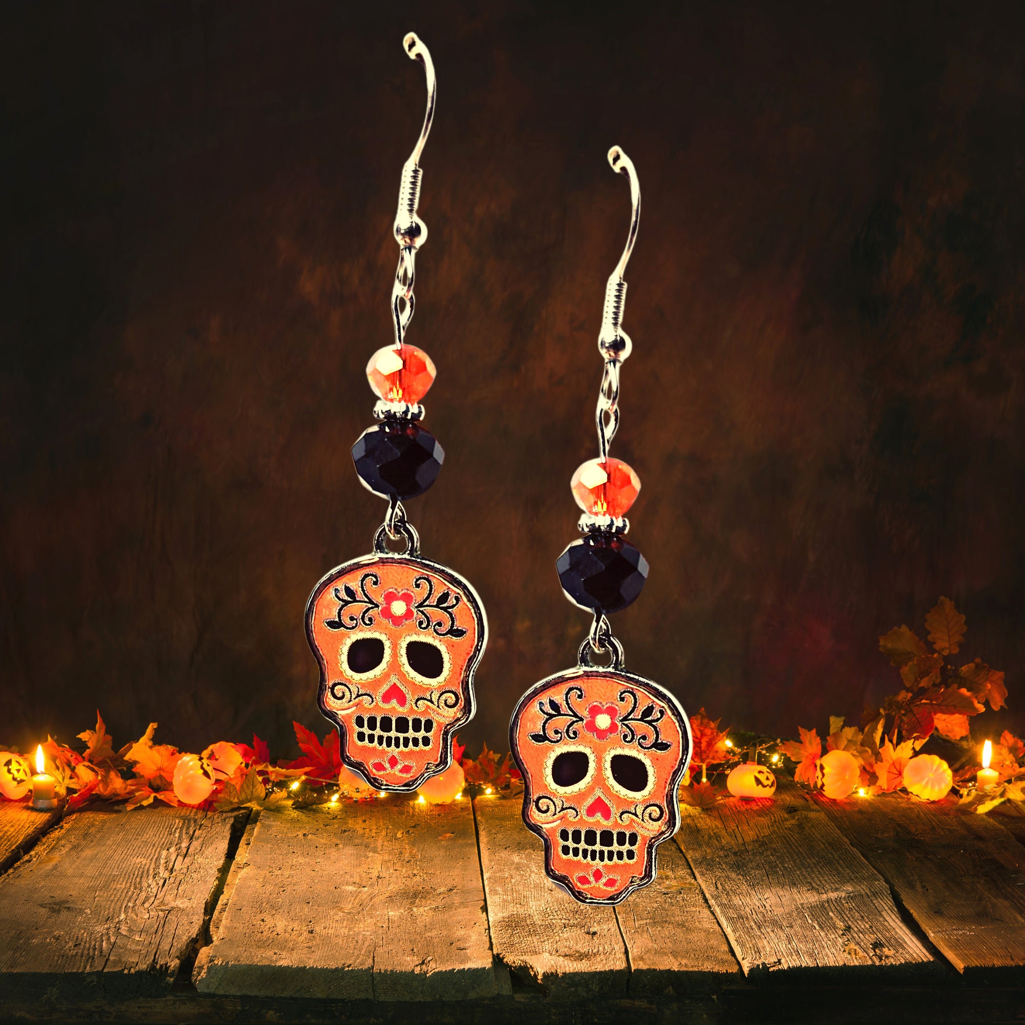 Halloween Earrings-Colorful Skull Earrings-Day of the Dead Skull Earrings (5 colors to choose from)-Kawaii Earrings-Halloween Gift Earrings - Thumbnail 4