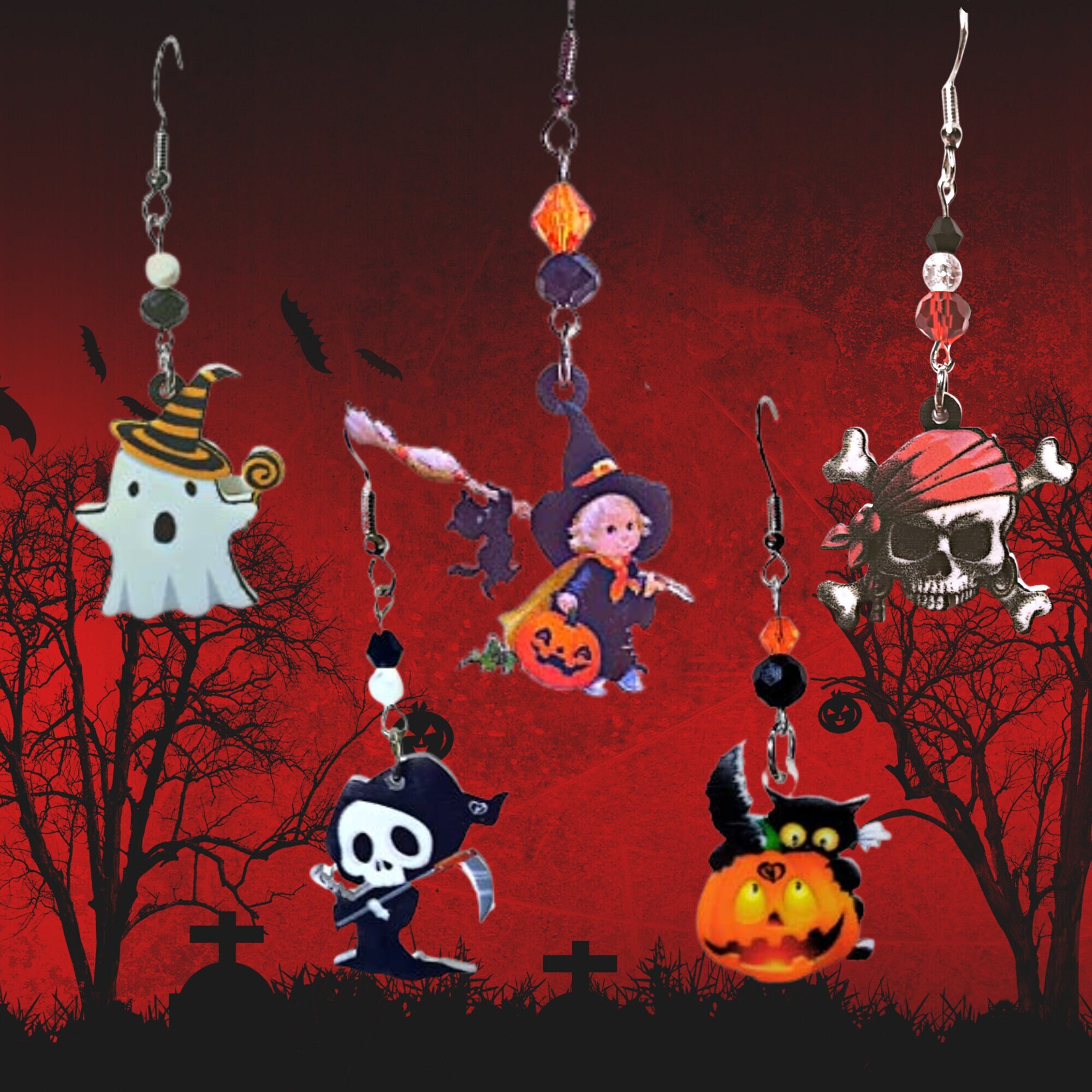 Halloween Earrings - Pumpkin Earrings - Black Cat Earrings - Reaper Earrings - Witch Earrings-Ghost Earrings-Pirate Earrings-Kawaii Earrings