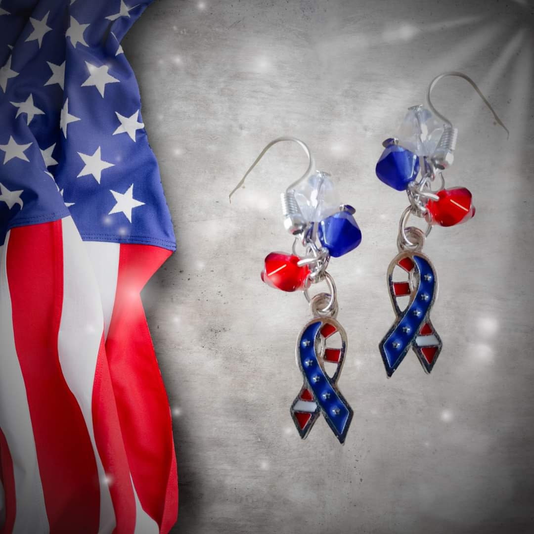 USA Flag Patriotic Ribbon Earrings - 4th of July Earrings- Independence Day Gift- USA Flag Ribbon Earrings- Patriotic Day Gift