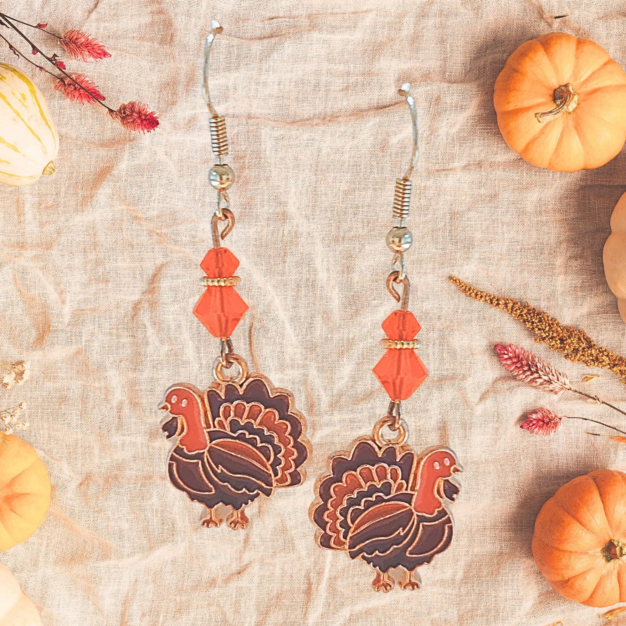 Thanksgiving Turkey Earrings - Goldtone Colorful Enamel Turkey Fall Jewelry - Kawaii Earrings - Cute Turkey Earrings Gift - Thumbnail 3