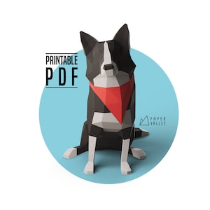 Border Collie Papercraft, DIY Home Decor, paper animal sculpture, Handmade gift, Printable template PDF, 3D Decoration, dog lover, bandana