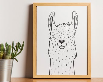 Llama illustration print, cute nursery decor, printable wall art, digital download, DIY home decoration, kids room, unique creative gift