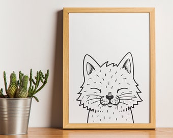 Cat illustration print, cute nursery decor, printable wall art, digital download, DIY home decoration, kids room, unique creative gift
