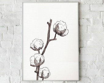 Cotton Flower print, cute watercolor illustration, botanical decor, printable wall art, digital download, DIY home decoration, floral design