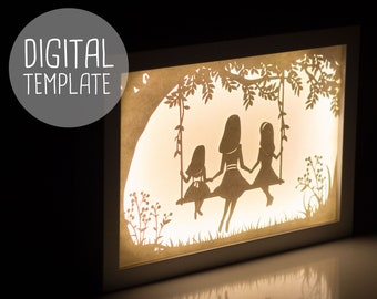 DIY Mother daughter lamp, digital template pdf, silhouette studio, papercut lightbox, nursery decor, cute night light, home decoration, gift