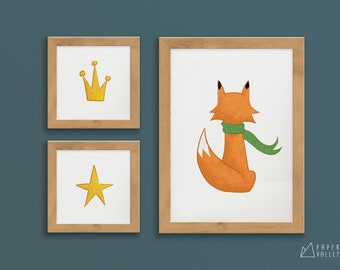 My Little Prince illustration print, fox star crown, cute nursery decor, printable wall art, digital download, home decoration, baby room