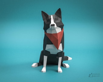 Border Collie Papercraft, DIY Home Decor, paper animal sculpture, Handmade gift, Printable template PDF, 3D Decoration, dog lover, bandana