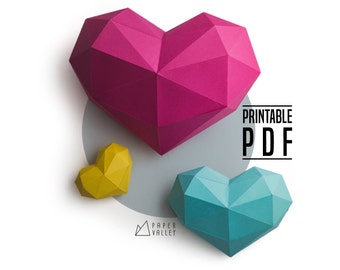 Papercraft Corazón DIY 3 Tamaños / Plantilla Digital / PDF Imprimible / Decoración Hogar Papel / Escultura Geométrica / Patrón Hecho a Mano / Encantador