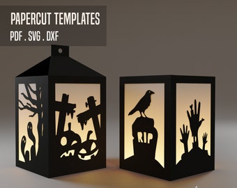 Halloween Paper Lantern Templates Diy Shadowbox SVG PDF DXF digital Papercut home decoration kids pumpkin crow zombie ghosts