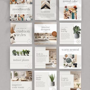 May include: A collage of nine Instagram posts featuring interior design tips and inspiration. The posts include topics like moodboards, cushion styles, indoor plants, built-in bookshelves, snake plants, feature wall art, geometric patterns, muted colors, and warm neutrals.