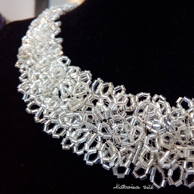 Anniversary Gift Elegant Wedding Necklace For Bride Silver Necklace Unique Gift For Woman Handmade Shiny Glass Beaded Necklace