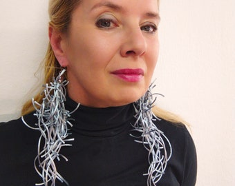 Statement Silver Long Earrings for Woman, Big Trendy Dangle Earrings for her, Handmade Large Unique Earrings for Women Gift, Fabric Earrings
