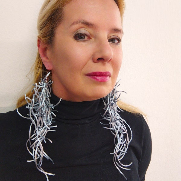 Verklaring zilveren lange oorbellen voor vrouwen, grote trendy bungelende oorbellen voor haar, handgemaakte grote unieke oorbellen voor vrouwen cadeau, stoffen oorbellen