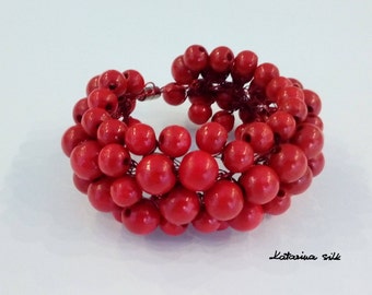 Red Wooden Beads Bracelet, Big Fashion Bracelet For Women, Gift For Her