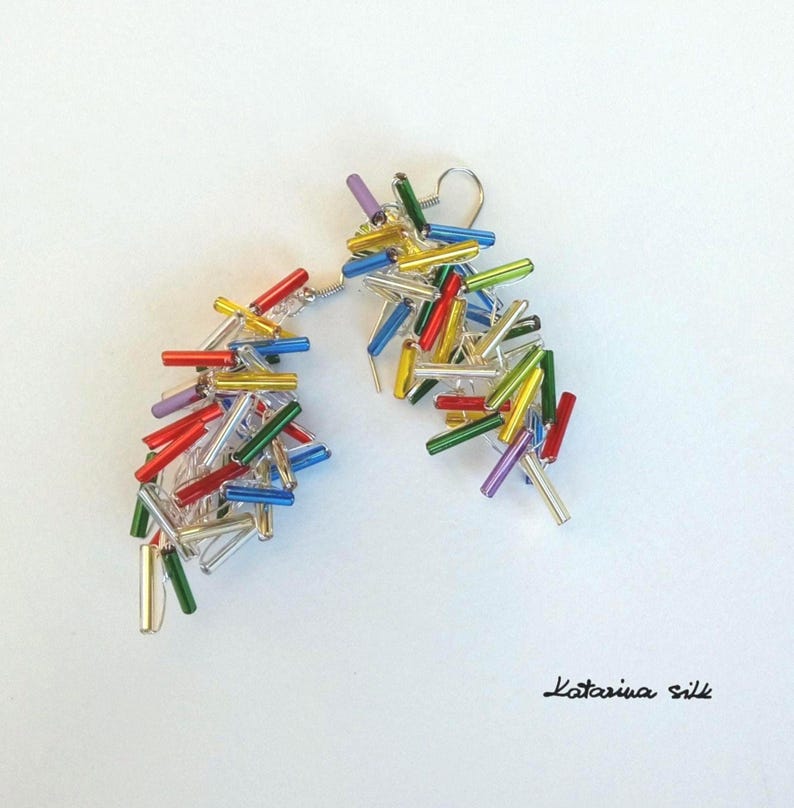 Glass Beads Rainbow Color Earrings, Long Earrings for Woman image 1