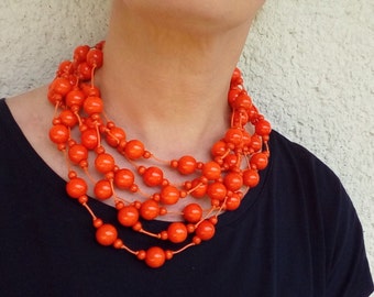 Orange Statement Necklace, Wooden Necklace, Gift For Woman,