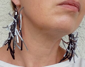 Big Scattered black silver long earrings, Unique textile earrings for gift