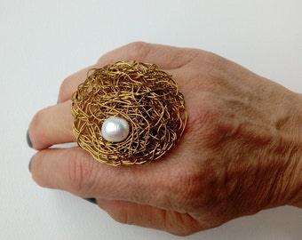 Geometric Ring For Woman, Modern Style Jewelry For Her Gift, Unique Gold Color Circle Ring With Pearl