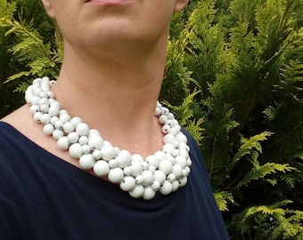 White Statement Summer Time Necklace For Woman Handmade Wooden Beads For Women Big Light Everyday Choker Unique Gift For Anniversary Gift