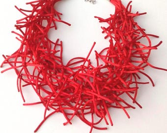 Red Satin Chunky Necklace: Handmade Ferrari Red Statement Jewelry