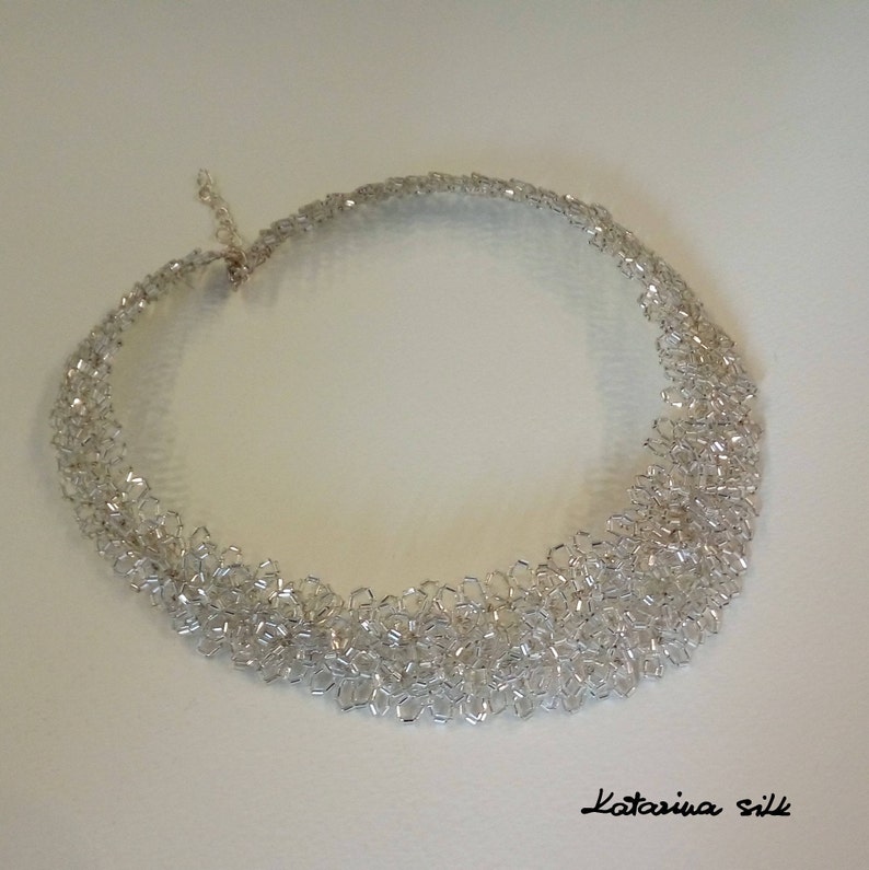 Anniversary Gift Elegant Wedding Necklace For Bride Silver Necklace Unique Gift For Woman Handmade Shiny Glass Beaded Necklace