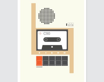 May include: A minimalist poster featuring a retro cassette tape player design. The artwork includes a white cassette tape labeled "C90", a speaker, and control buttons in a palette of beige, brown, black, and orange. The design is a nostalgic nod to vintage audio technology.