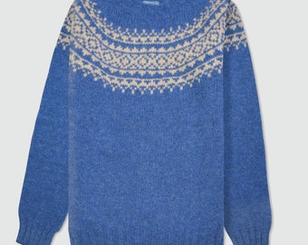 Allaster Blue Fair Isle Jumper, Fathers Day, traditional Scottish knit, Fair Isle sweater, Fairisle, lambswool, gift for him, UK made made