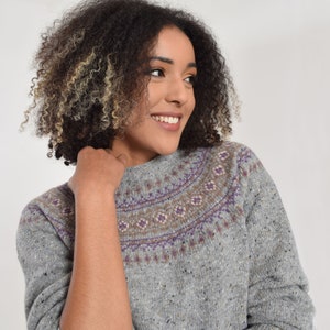 Tlab Ayla Slate Grey Fair Isle Jumper, Valentine luxury gift her, Scottish womens sweater, Fairisle, traditional knit, lambswool, UK made image 1