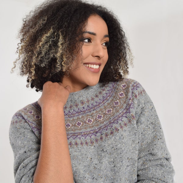 Tlab Ayla Slate Grey Fair Isle Jumper, Valentine luxury gift her, Scottish womens sweater, Fairisle, traditional knit, lambswool, UK made