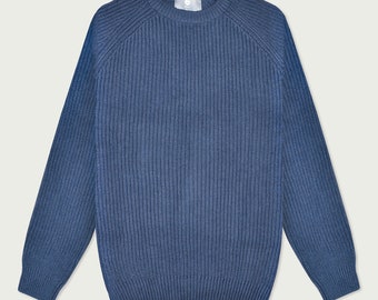 Shap mens dusky blue cotton jumper, fisherman style, wide rib, raglan sleeve, traditional, crew neck, Fathers Day, gift for him, luxury