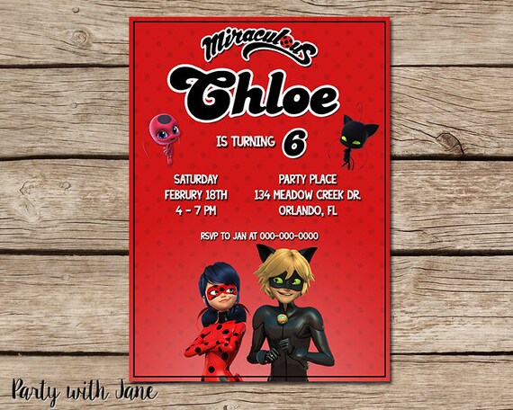 Miraculous Ladybug Invitation Cat Noir Marinette Invite Black Cat Kids Girls Boys Printable Cute