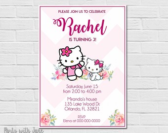 Hello Kitty Birthday Invitation, Invite, Party, Girls, Pink, Printable, Cat, Cute, Flowers, Watercolor, Chevron