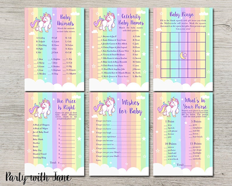 unicorn rainbow baby shower games activities wishes for etsy