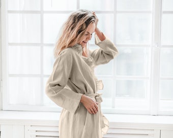 Linen Robe with Ruffles, Ruffle Bathrobe, Linen Robe, Linen Bathrobe, Linen Robe with Pockets, Mothers Day Gift