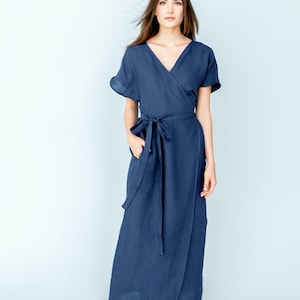 Linen wrap dress kimono dress long linen dress maxi dress evelyn dark blue