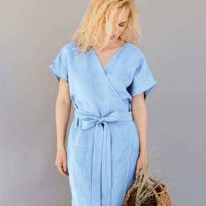 Dress nora linen wrap dress a line dress short sleeve summer dress with pockets light blue