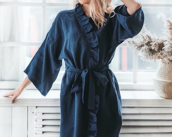 Linen Robe, Ruffle Robe, Kimono Robe, with Pockets, Plus Sizes Available, Mothers Day Gift