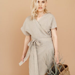 Dress nora linen wrap dress kimono dress with pockets natural