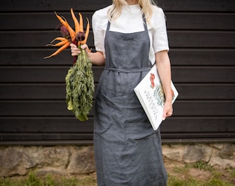 Long Linen Apron, with Pockets, Plus Size, Adjustable Ties, Organic Flax Bib, Easter Gift