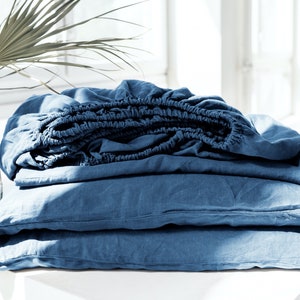 Linen basic sheet set basic pillowcases basic fitted sheet basic flat sheet dark blue