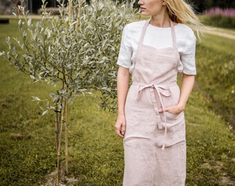 Long Linen Apron with Pockets: Adjustable Ties, Soft Stonewashed Fabric