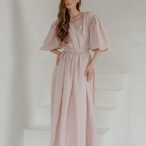 Romantic Linen Dress, with Puff Sleeves, Linen Wrap Dress, Maxi Dress, Long Dress from Soft Linen, Natural Flax