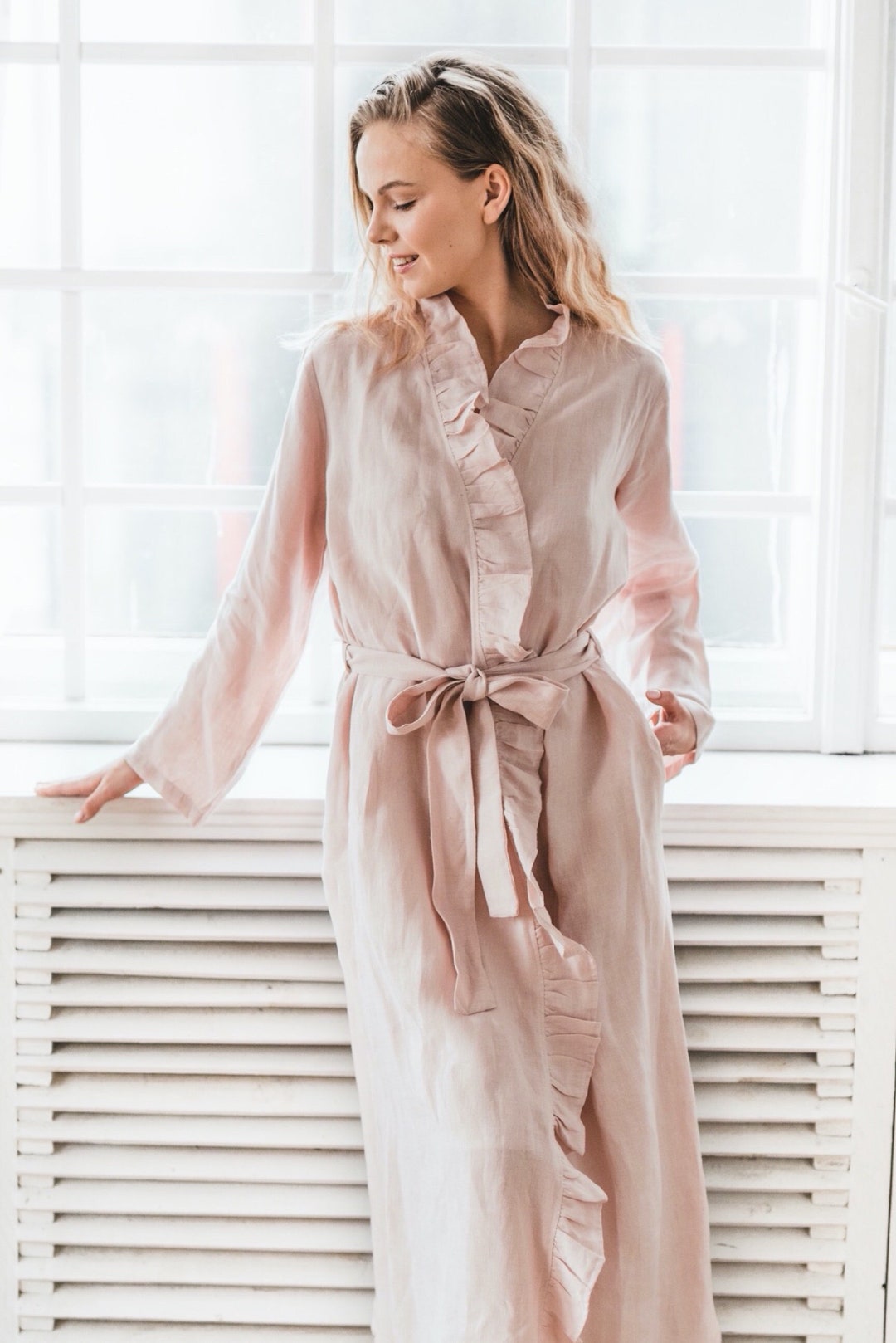 Long Linen Bathrobe With Ruffles Hidden Side Pockets Inner Etsy