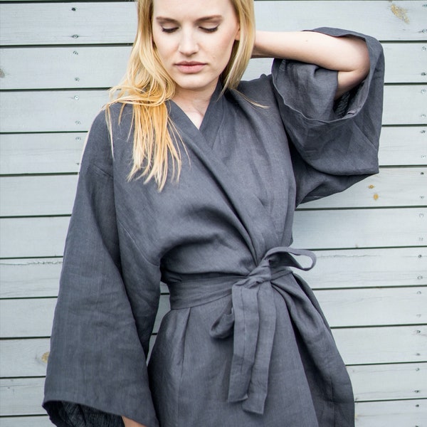 Linen Bathrobe, Linen Dressing Gown, Kimono Robe, Linen Kimono, with Pockets, Summer Robe, Hypoallergenic Robe, Mothers Day Gift