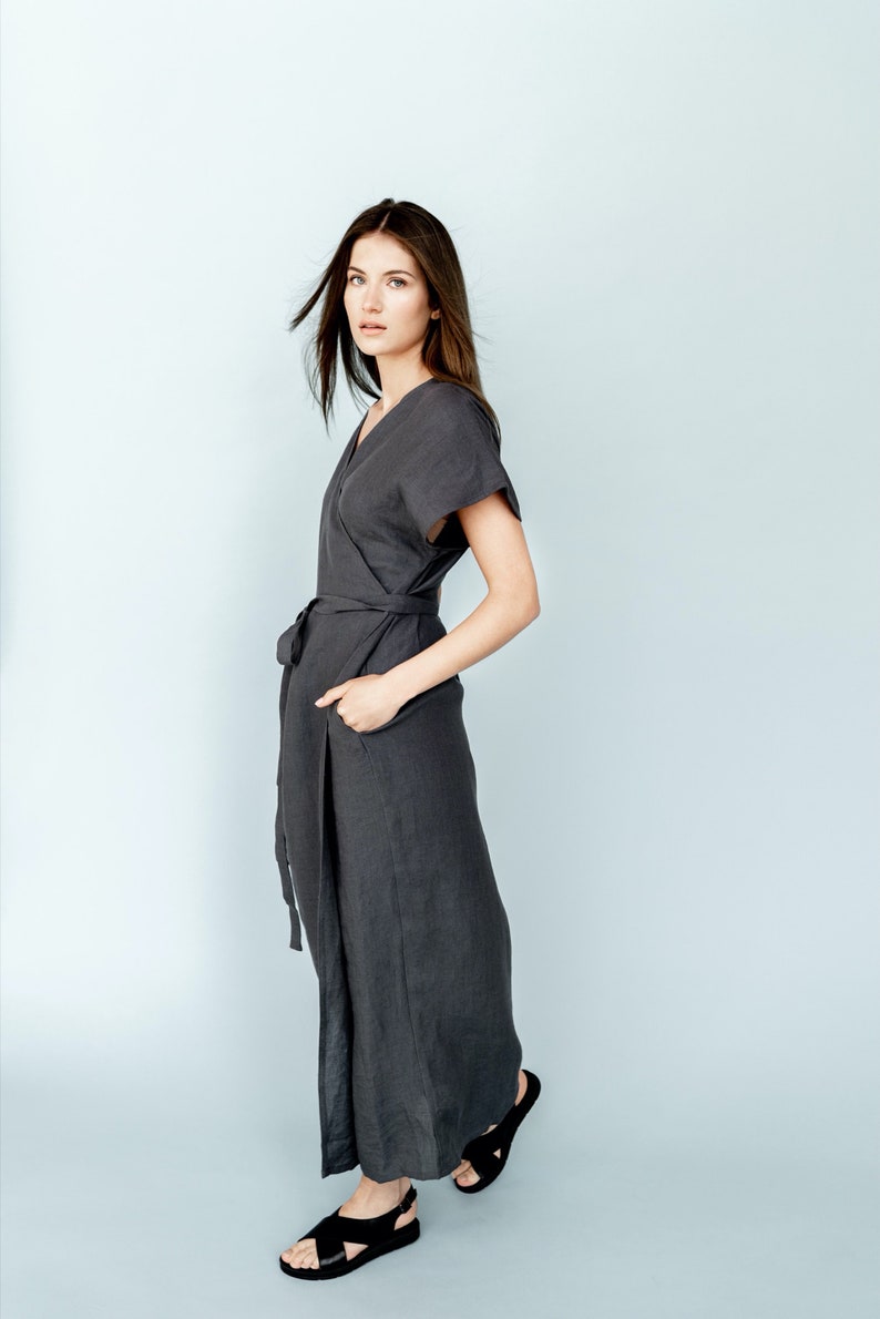 Linen wrap dress kimono dress long linen dress maxi dress evelyn dark grey