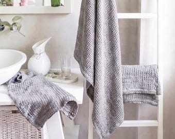 3-delat OEKO-TEX linnehandduksset i våffel, lyxigt våffelvävt paket, hållbar badrumsinredning, hand- och hårhanddukar