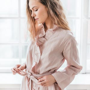 Long Linen Bathrobe with Ruffles, Hidden Side Pockets, Inner Ties, and Belt