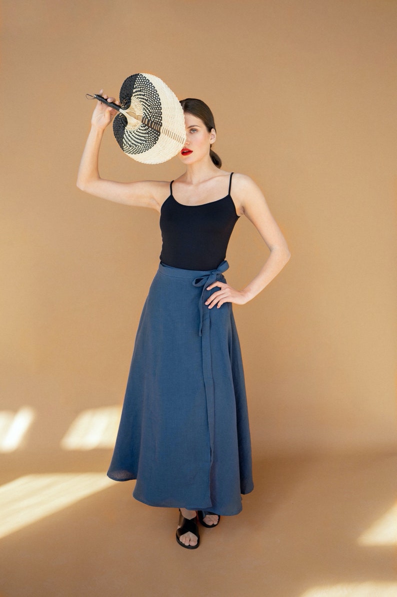 Linen wrap skirt maxi wrap skirt a line skirt laurel dark blue