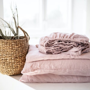 Linen sheet set basic fitted sheet basic flat sheet basic pillowcases basic sheet set pink